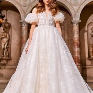 Elegant White Gown with Puff Sleeves